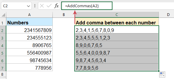 add comma between every single number with vba code