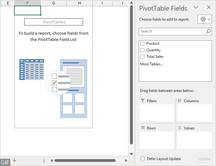 An animated demonstration of configuring the Pivot Table fields to group duplicates and sum values in Excel