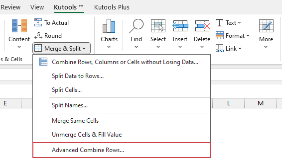 A screenshot showing the Kutools for Excel ribbon with the Advanced Combine Rows option selected