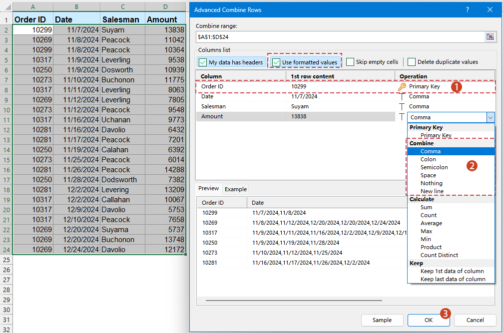 A screenshot showing the Advanced Combine Rows dialog box