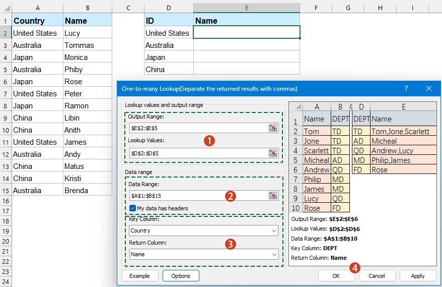 specify the options in the dialog box