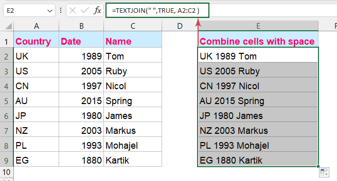combine cells with textjoin function