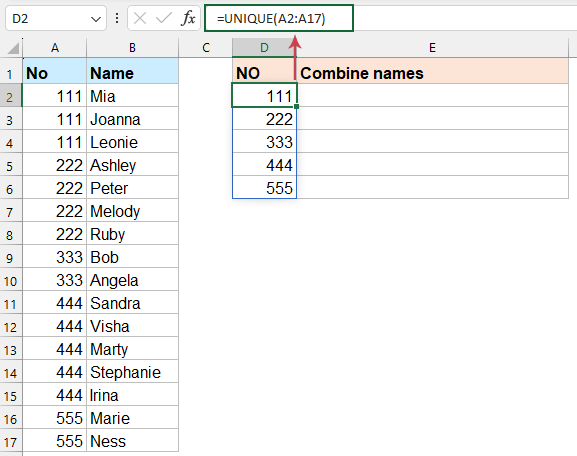 List unique values with formula