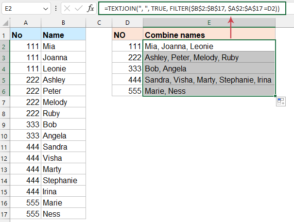 List unique and concatenate matched values with formula