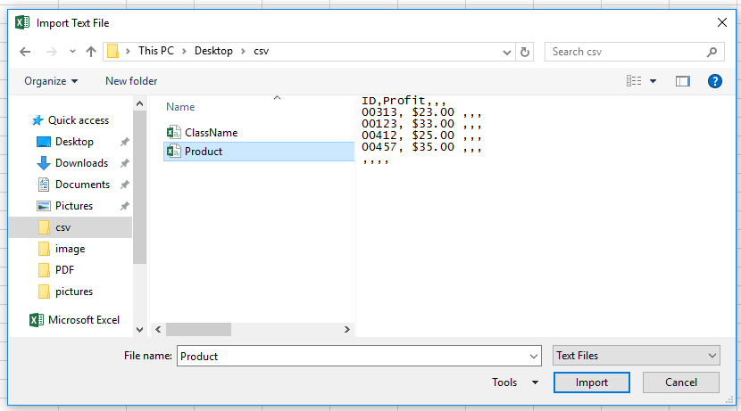 A screenshot of the Import Text File dialog in Excel showing the file selection