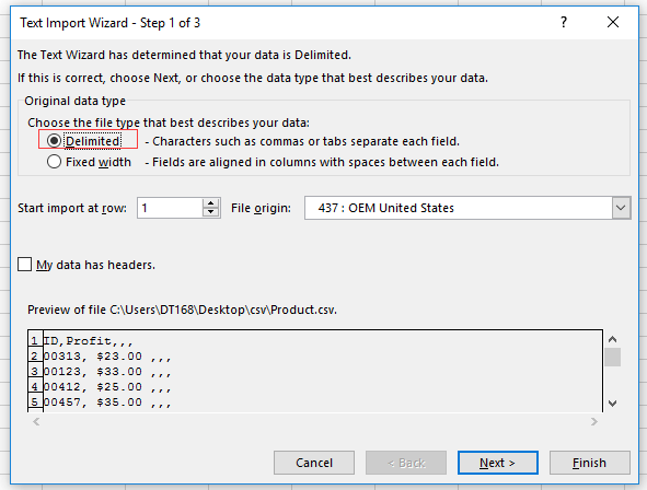 A screenshot of the Text Import Wizard with the 'Delimited' option checked