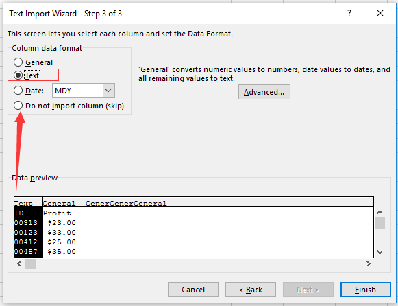 A screenshot of the Text Import Wizard where a column's data format is selected