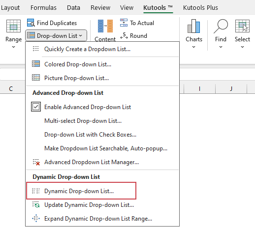 A screenshot of Dynamic Drop-down List option in Excel