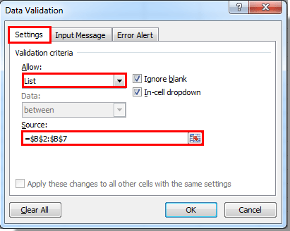 a screenshot of configuring the settings of Data Validation