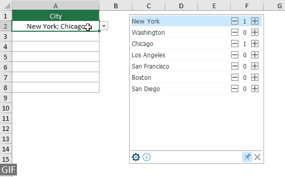 A screenshot showing a demo of managing multiple selections in an Excel drop-down list using Kutools