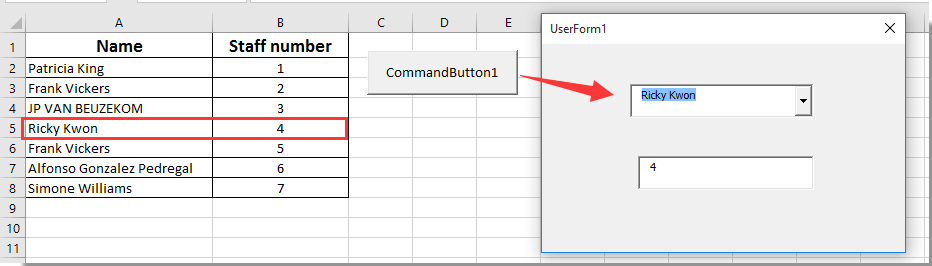 A screenshot showing the UserForm with ComboBox selection populating the TextBox in Excel