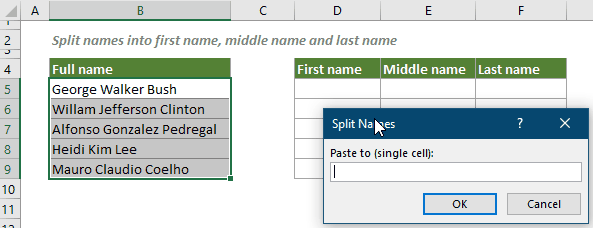 A GIF showing the Split Names feature in Kutools for Excel splitting full names into first, middle, and last names