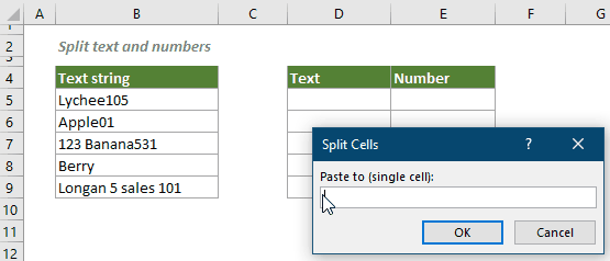 A screenshot showing the result after splitting text and numbers into two columns in Excel using Kutools