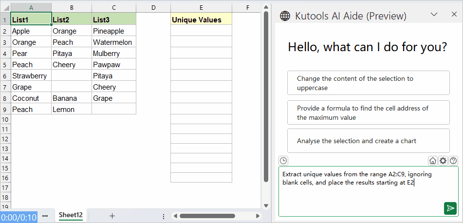 A GIF demonstrating how Kutools AI Aide extracts unique values from multiple columns in Excel