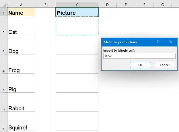 A screenshot showing the selection of a cell for inserting corresponding pictures