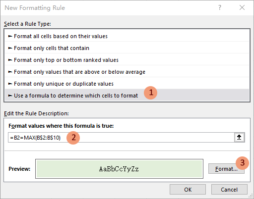 A screenshot showing how to configure conditional formatting rule to highlight values in column