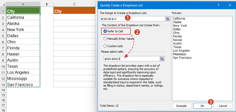 A screenshot of the Create Simple Drop-down List dialog box in Excel