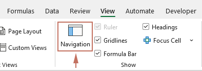 A screenshot of enabling the Excel Navigation Pane