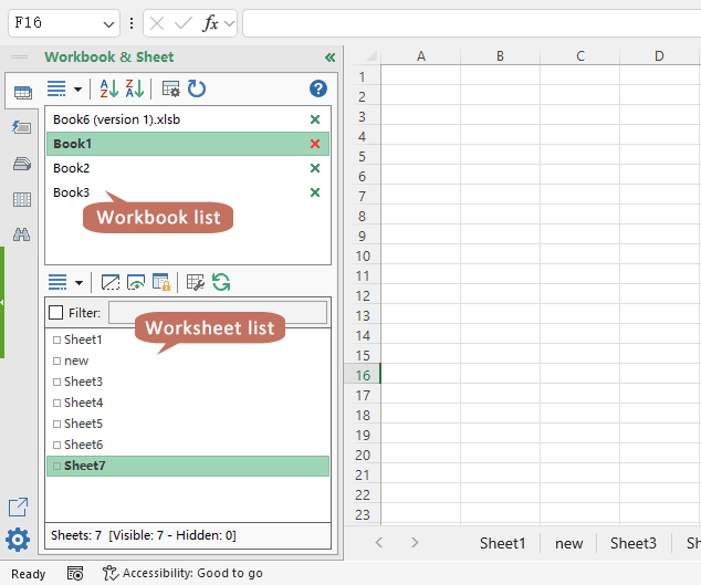 all open workbooks and sheets are listing in the kutools navigation pane