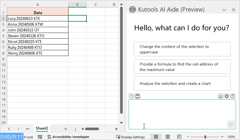 A GIF showing how Kutools AI Aide removes non-numeric characters from Excel cells