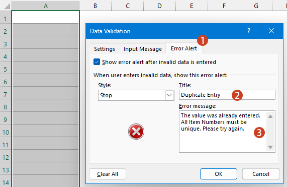 enter the proper message in the Error message box