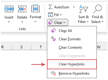 Click Clear > Cleat Hyperlinks from Home tab