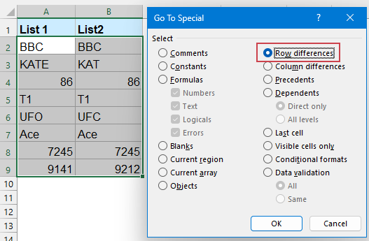 check Row differences option in the dialog box