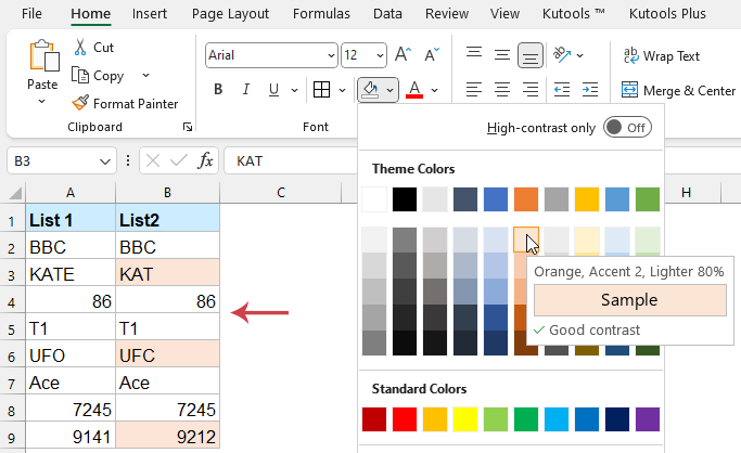 the cells which are different with first one cell in the same row are selected