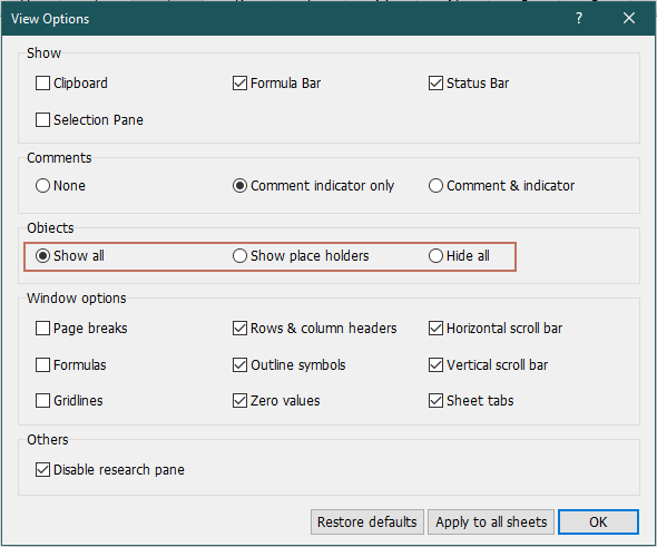 screenshot of the View Options dialog box in Kutools for Excel for hiding or showing objects