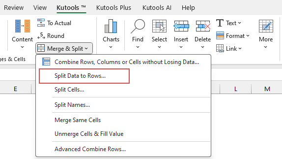 click Split Data to Rows feature of kutools