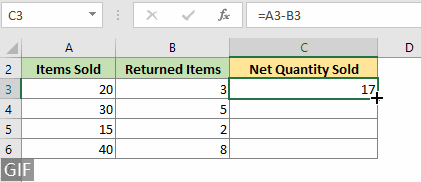 A GIF showing the process of applying the subtraction formula row-by-row using the fill handle in Excel