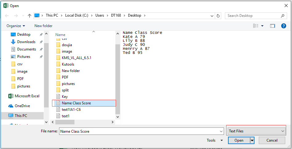 select the text file in the Open dialog box