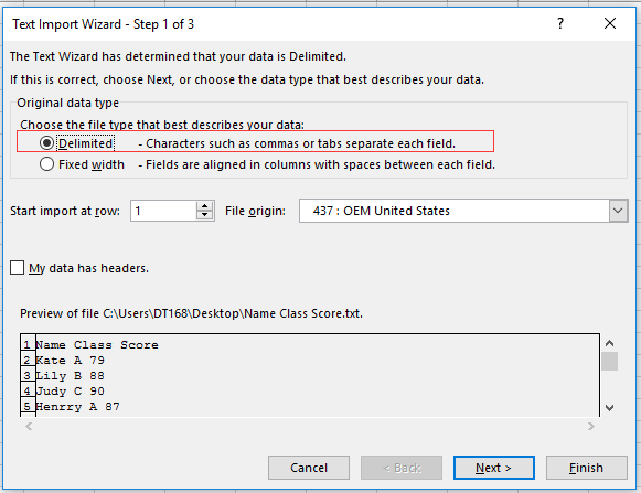 check Delimited option