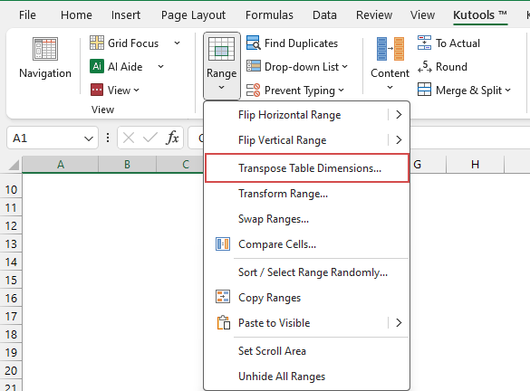 click Transpose Table Dimension of kutools