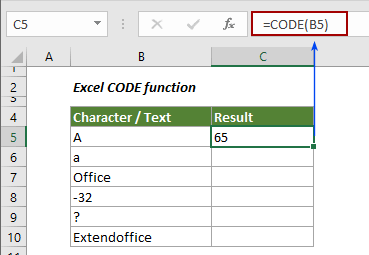 show the usage of Excel CODE function