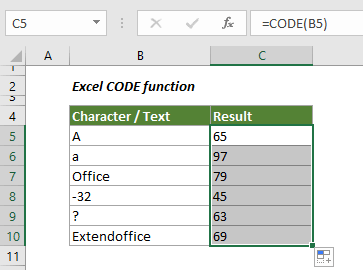 show the usage of Excel CODE function