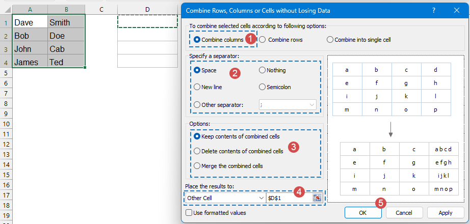 specify the options in the dialog box